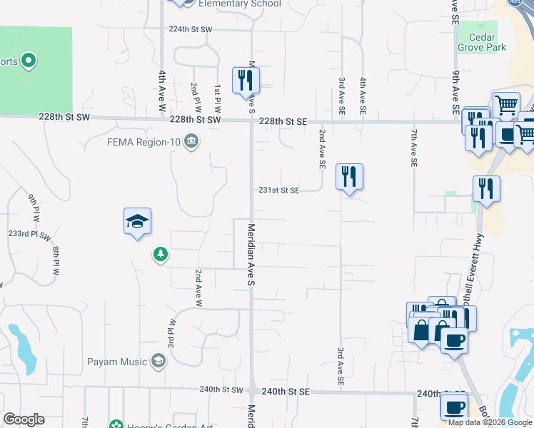 map of restaurants, bars, coffee shops, grocery stores, and more near 28 232nd Place Southwest in Bothell