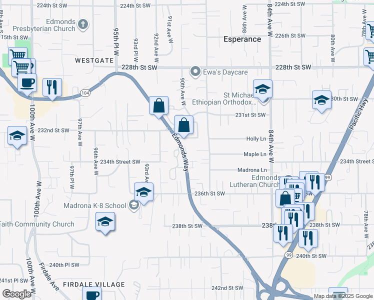 map of restaurants, bars, coffee shops, grocery stores, and more near 23317 Edmonds Way in Edmonds