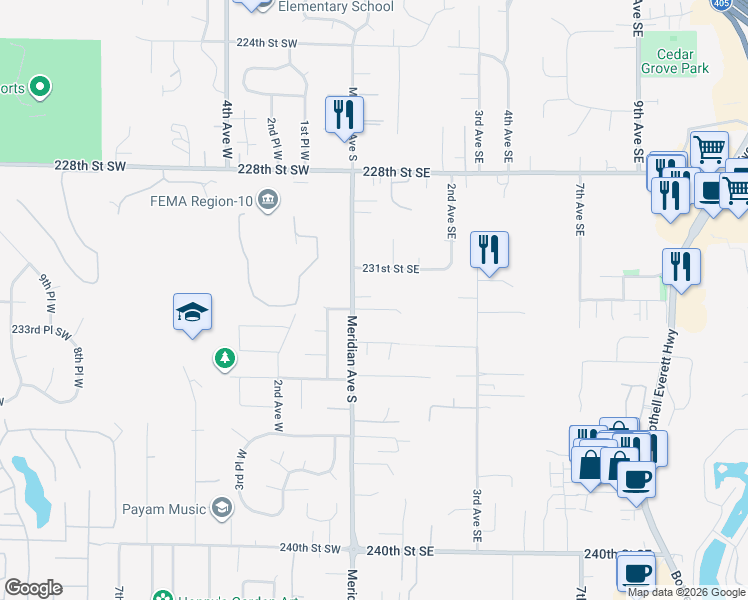 map of restaurants, bars, coffee shops, grocery stores, and more near 28 232nd Place Southwest in Bothell