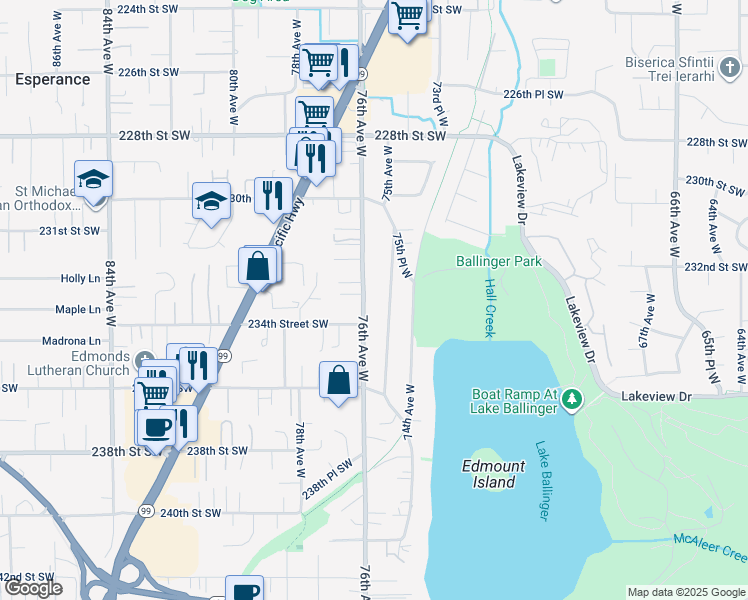 map of restaurants, bars, coffee shops, grocery stores, and more near in Edmonds
