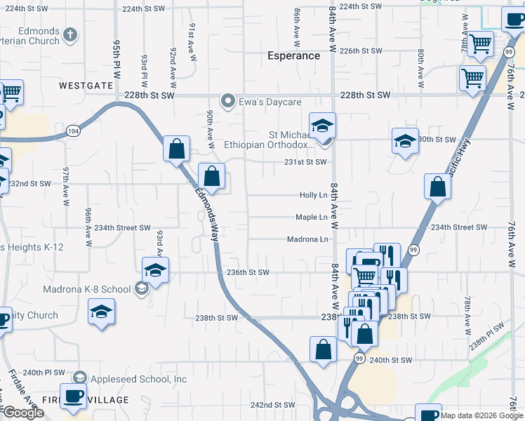 map of restaurants, bars, coffee shops, grocery stores, and more near 8632 Maple Lane in Edmonds