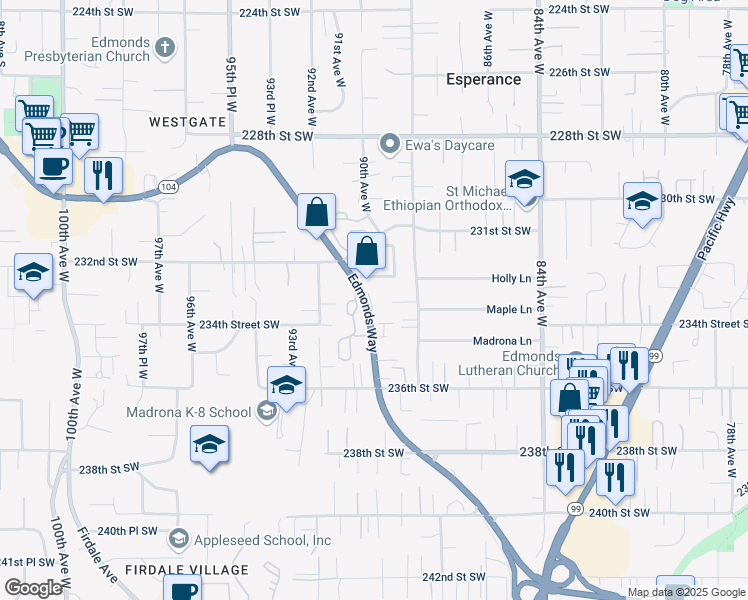 map of restaurants, bars, coffee shops, grocery stores, and more near 23404 Edmonds Way in Edmonds