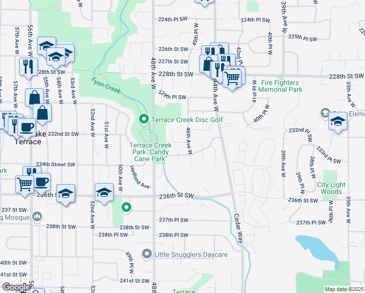 map of restaurants, bars, coffee shops, grocery stores, and more near 4604 233rd Street Southwest in Mountlake Terrace