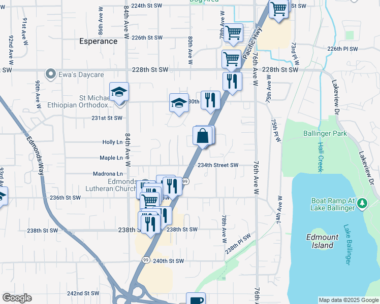 map of restaurants, bars, coffee shops, grocery stores, and more near 23400 Highway 99 in Edmonds