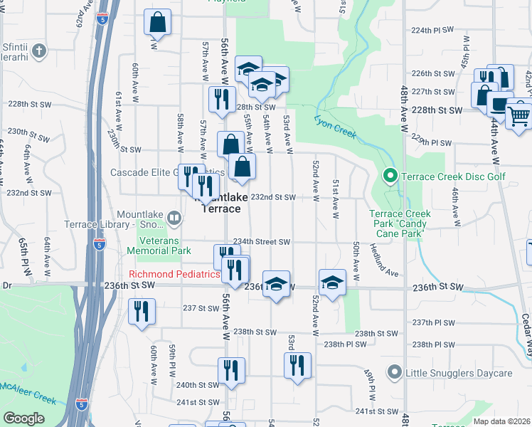 map of restaurants, bars, coffee shops, grocery stores, and more near 23208 54th Avenue West in Mountlake Terrace