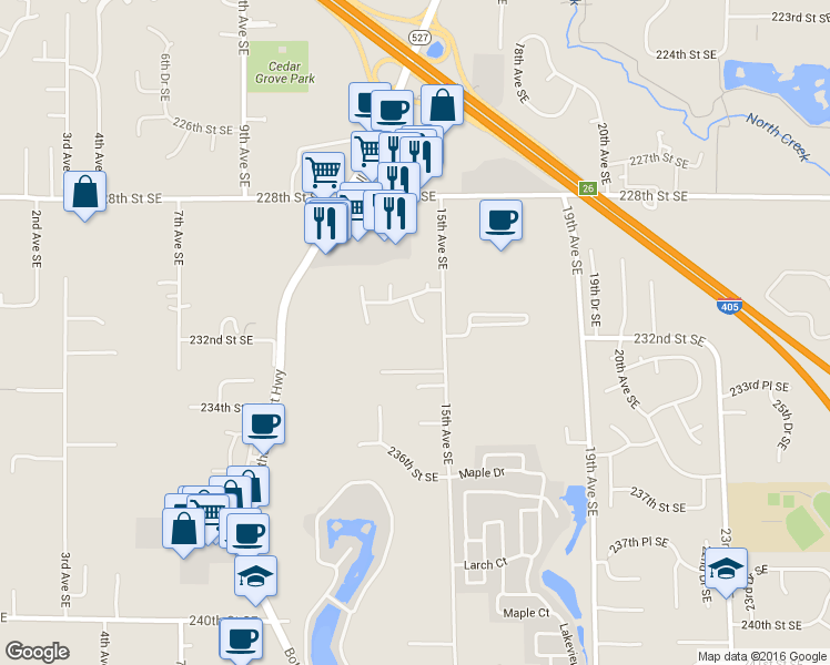 map of restaurants, bars, coffee shops, grocery stores, and more near 1416 231st Street Southeast in Bothell