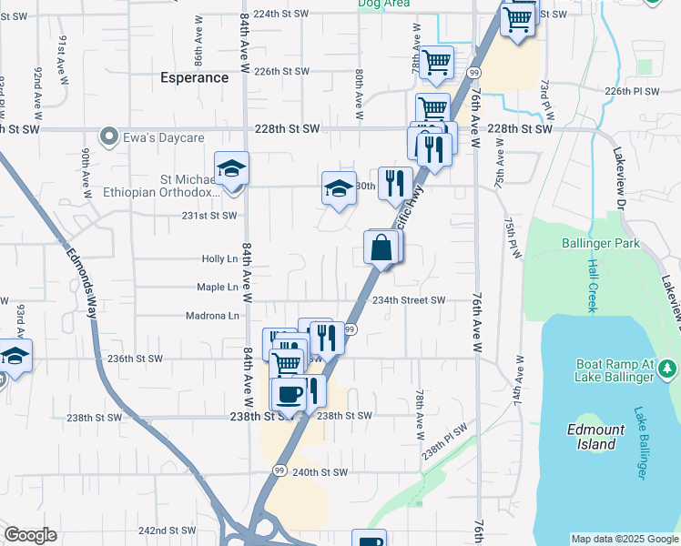 map of restaurants, bars, coffee shops, grocery stores, and more near 23109 80th Place West in Edmonds