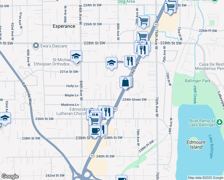 map of restaurants, bars, coffee shops, grocery stores, and more near 8021 234th Street Southwest in Edmonds