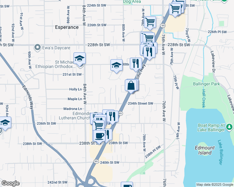 map of restaurants, bars, coffee shops, grocery stores, and more near 23109 80th Place West in Edmonds