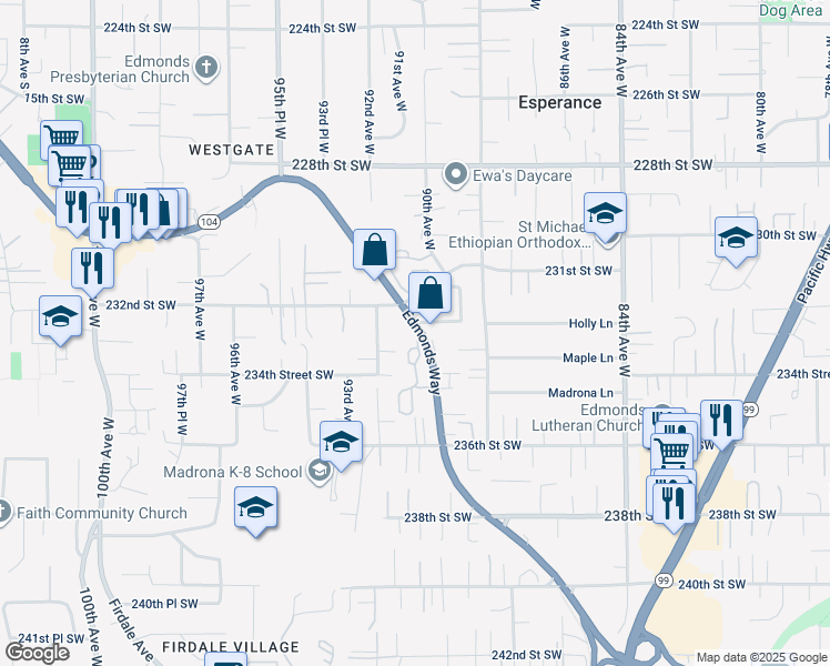 map of restaurants, bars, coffee shops, grocery stores, and more near 23204 Edmonds Way in Edmonds