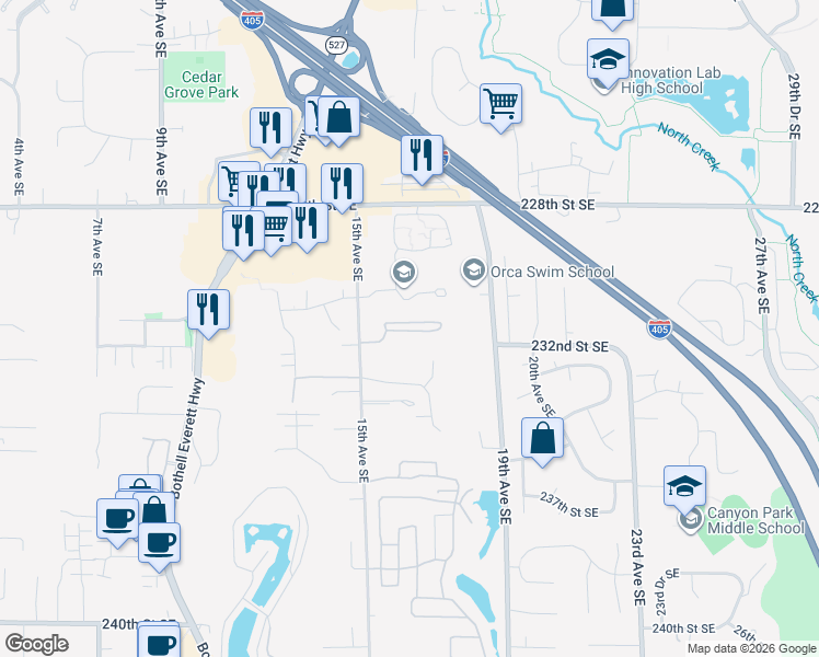map of restaurants, bars, coffee shops, grocery stores, and more near 23123 15th Avenue Southeast in Bothell