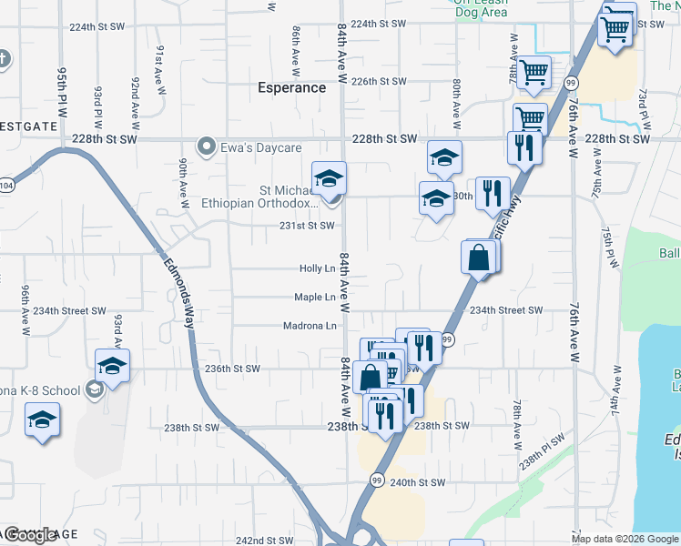 map of restaurants, bars, coffee shops, grocery stores, and more near 23201 84th Avenue West in Edmonds