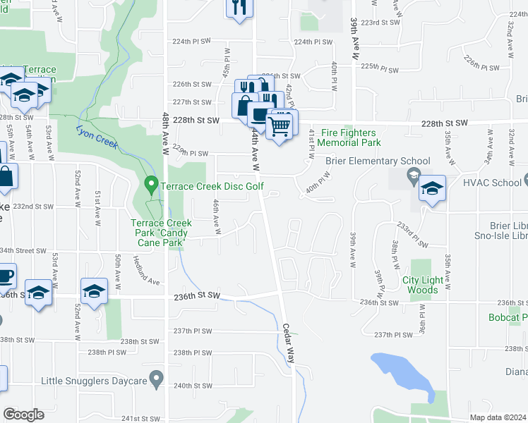 map of restaurants, bars, coffee shops, grocery stores, and more near 4401 232nd Street Southwest in Mountlake Terrace