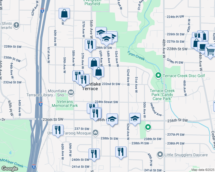 map of restaurants, bars, coffee shops, grocery stores, and more near 5307 232nd Street Southwest in Mountlake Terrace