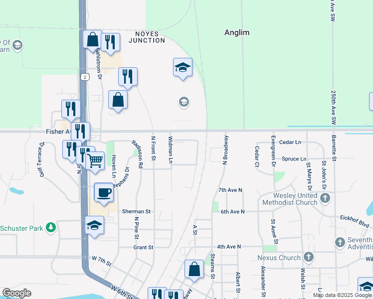map of restaurants, bars, coffee shops, grocery stores, and more near 235323 Highway 2 Truck Bypass in Crookston