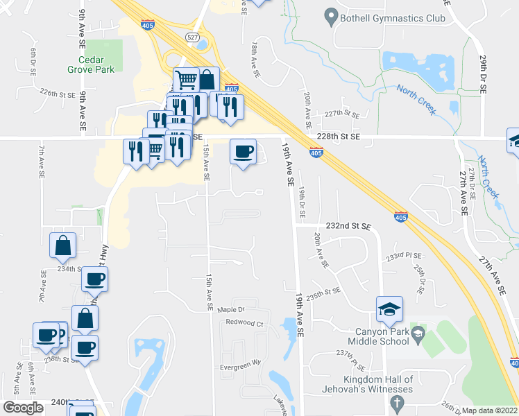 map of restaurants, bars, coffee shops, grocery stores, and more near 23135 15th Avenue Southeast in Bothell