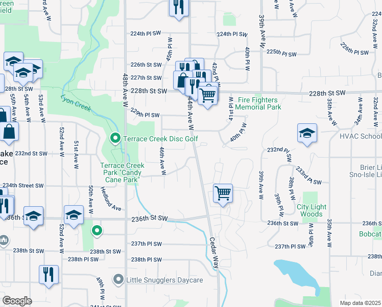 map of restaurants, bars, coffee shops, grocery stores, and more near 4401 232nd Street Southwest in Mountlake Terrace