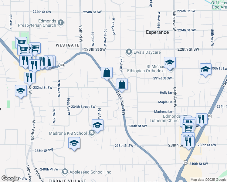 map of restaurants, bars, coffee shops, grocery stores, and more near 23204 Edmonds Way in Edmonds