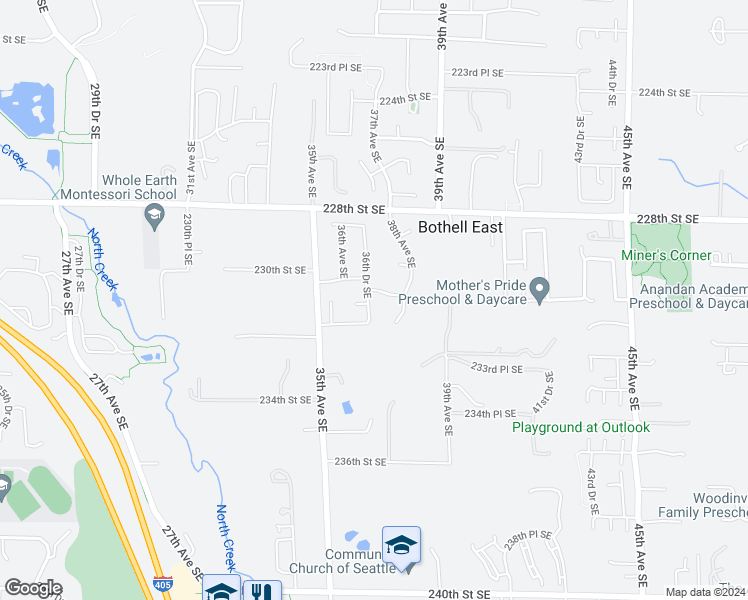map of restaurants, bars, coffee shops, grocery stores, and more near 23107 36th Drive Southeast in Bothell