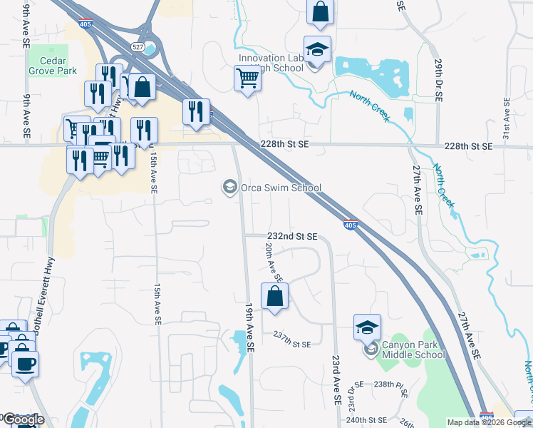 map of restaurants, bars, coffee shops, grocery stores, and more near 23116 20th Avenue Southeast in Bothell