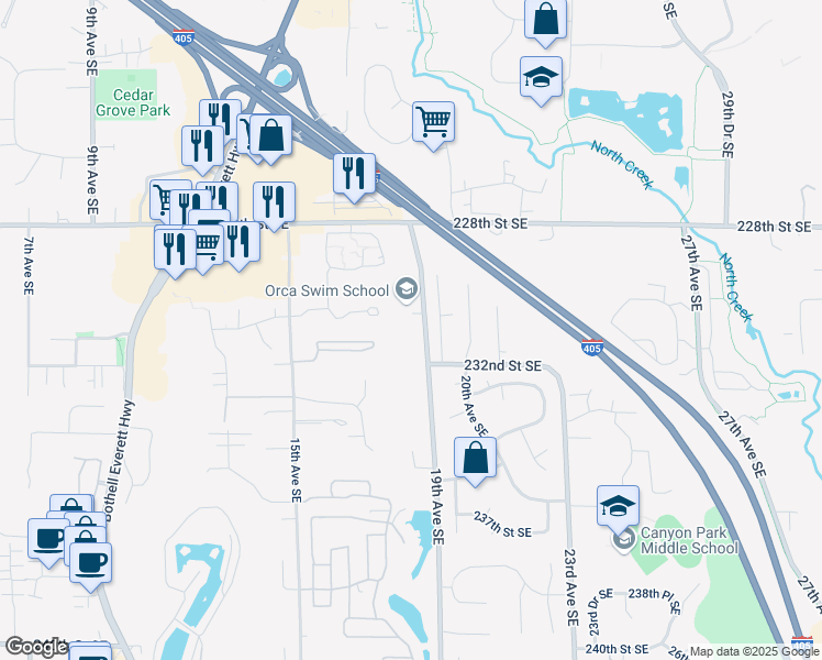 map of restaurants, bars, coffee shops, grocery stores, and more near 23032 19th Avenue Southeast in Bothell