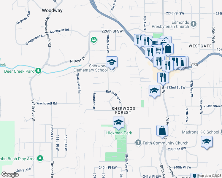 map of restaurants, bars, coffee shops, grocery stores, and more near 10523 Robin Hood Drive in Edmonds