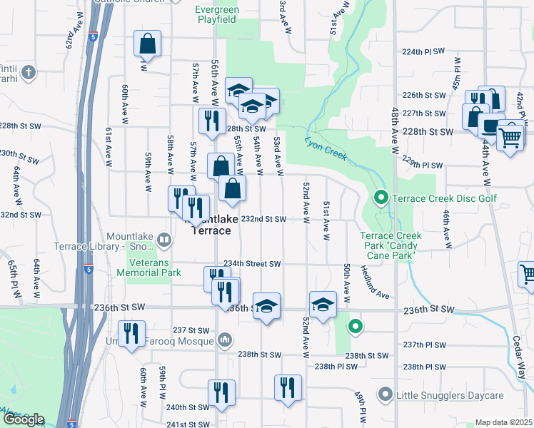 map of restaurants, bars, coffee shops, grocery stores, and more near 5307 232nd Street Southwest in Mountlake Terrace