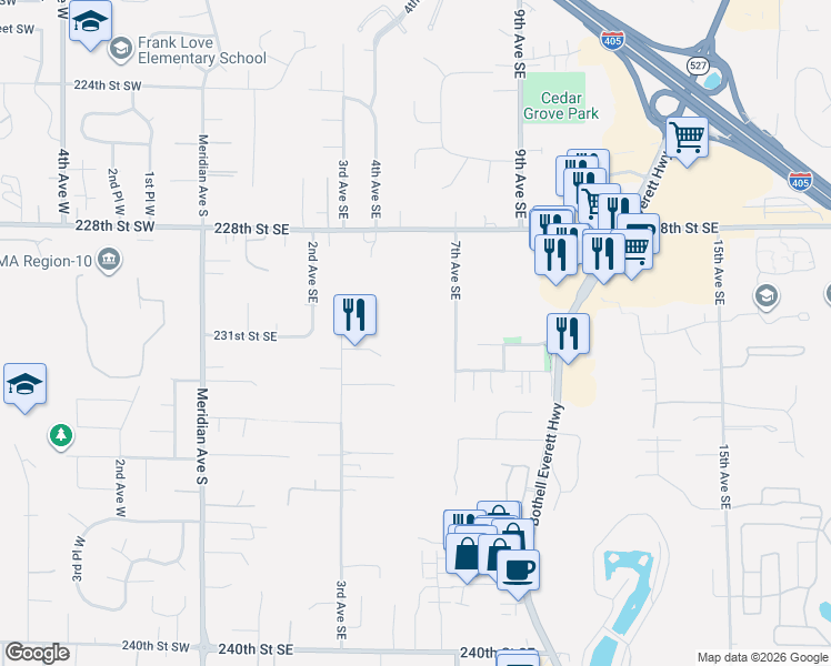 map of restaurants, bars, coffee shops, grocery stores, and more near 23032 7th Avenue Southeast in Bothell