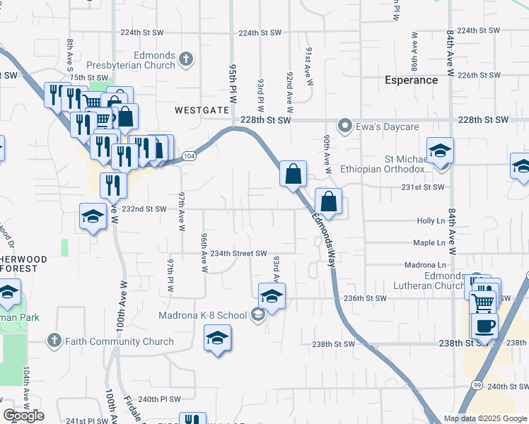 map of restaurants, bars, coffee shops, grocery stores, and more near 9322 232nd Street Southwest in Edmonds