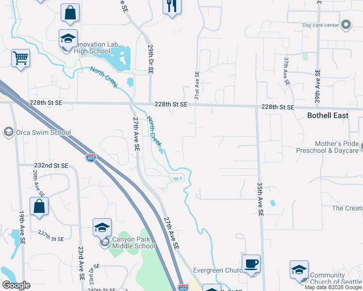 map of restaurants, bars, coffee shops, grocery stores, and more near 23040 30th Drive Southeast in Bothell