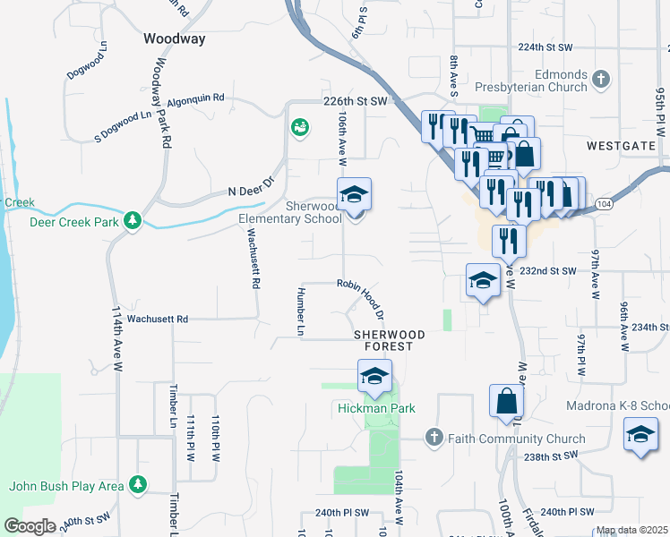 map of restaurants, bars, coffee shops, grocery stores, and more near 10523 Robin Hood Drive in Edmonds