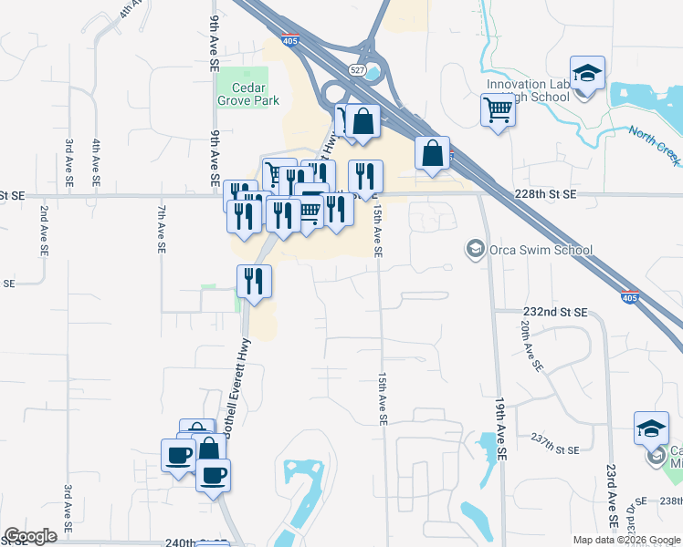 map of restaurants, bars, coffee shops, grocery stores, and more near 1301 231st Street Southeast in Bothell
