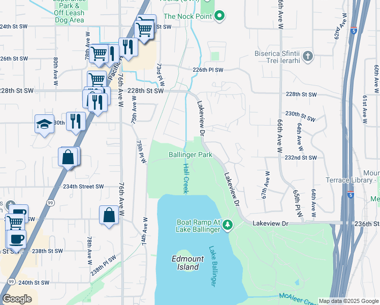 map of restaurants, bars, coffee shops, grocery stores, and more near 23000 Lakeview Drive in Mountlake Terrace