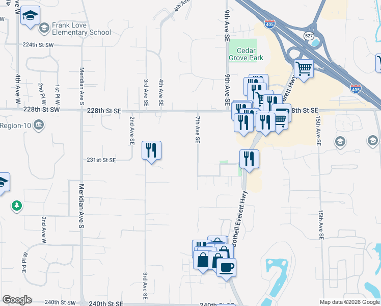 map of restaurants, bars, coffee shops, grocery stores, and more near 23022 7th Avenue Southeast in Bothell