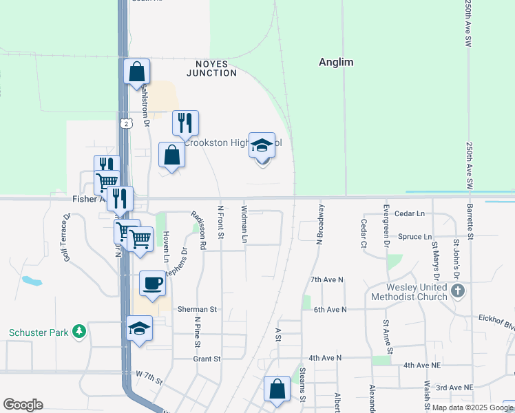 map of restaurants, bars, coffee shops, grocery stores, and more near 1712 Widman Lane East in Crookston