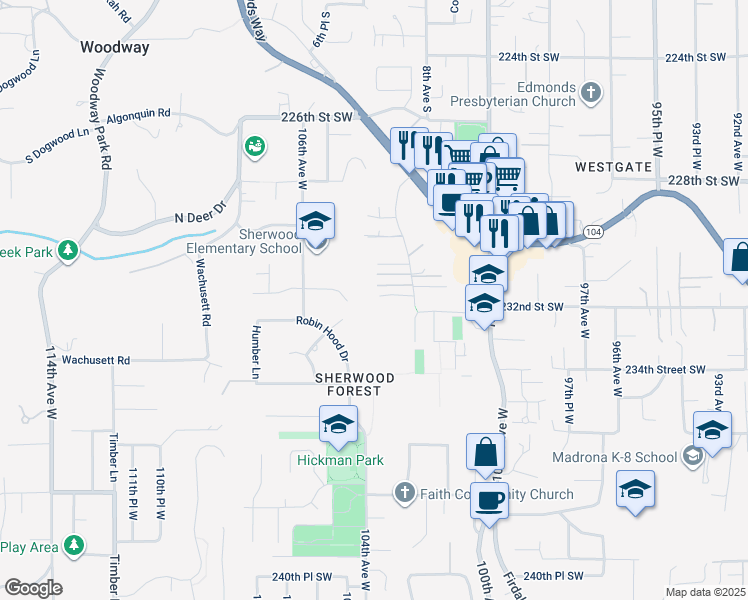 map of restaurants, bars, coffee shops, grocery stores, and more near 23120 102nd Place West in Edmonds