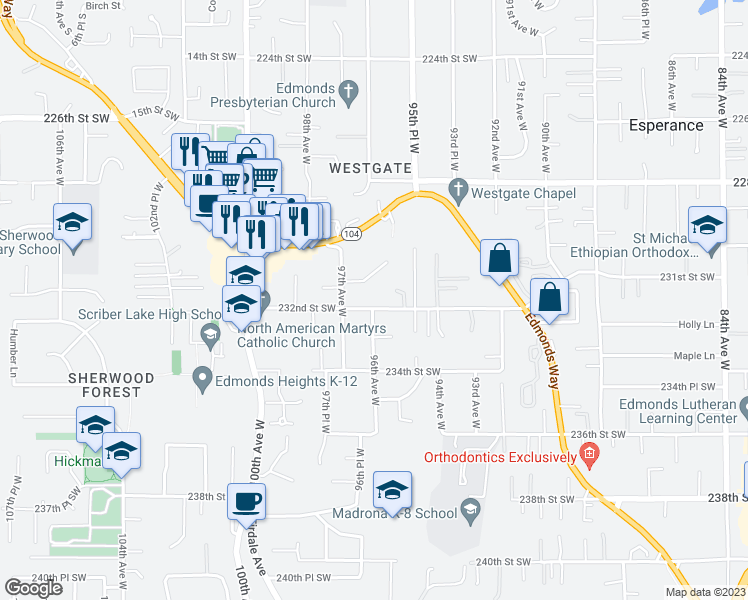 map of restaurants, bars, coffee shops, grocery stores, and more near 9529 232nd Street Southwest in Edmonds