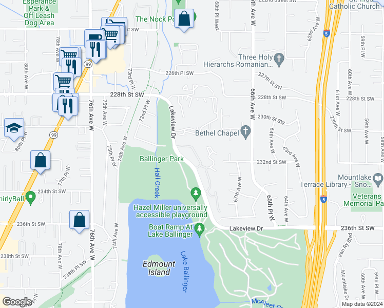 map of restaurants, bars, coffee shops, grocery stores, and more near 23301 Lakeview Drive in Mountlake Terrace