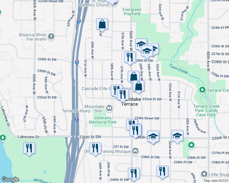map of restaurants, bars, coffee shops, grocery stores, and more near 23103 58th Avenue West in Mountlake Terrace
