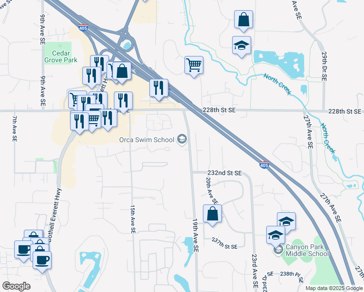 map of restaurants, bars, coffee shops, grocery stores, and more near 23032 19th Avenue Southeast in Bothell