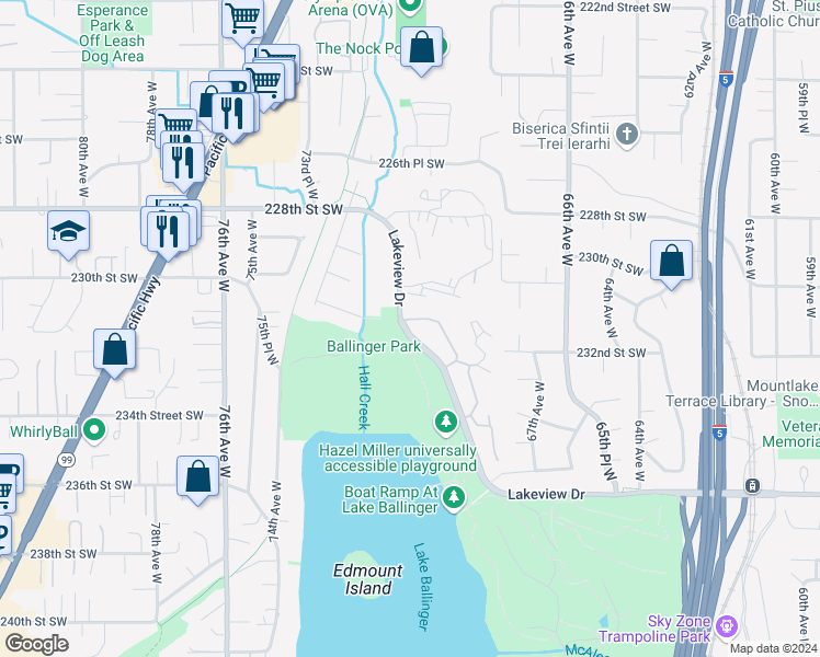 map of restaurants, bars, coffee shops, grocery stores, and more near 23301 Lakeview Drive in Mountlake Terrace