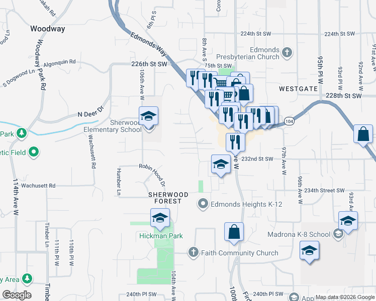 map of restaurants, bars, coffee shops, grocery stores, and more near 23120 102nd Place West in Edmonds