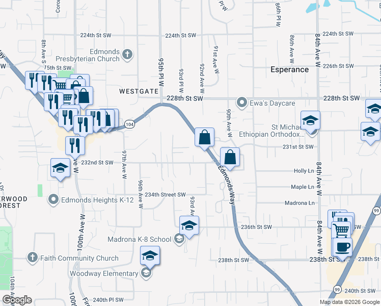 map of restaurants, bars, coffee shops, grocery stores, and more near 23014 Washington 104 in Edmonds