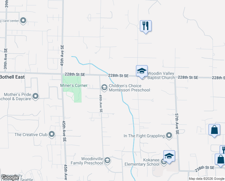 map of restaurants, bars, coffee shops, grocery stores, and more near 5020 228th Street Southeast in Bothell