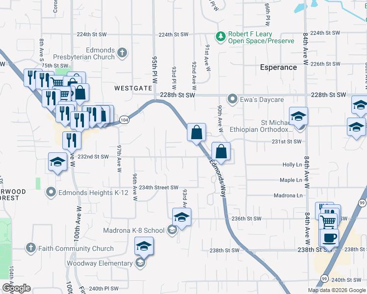 map of restaurants, bars, coffee shops, grocery stores, and more near 23014 Washington 104 in Edmonds
