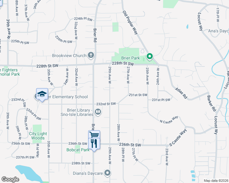 map of restaurants, bars, coffee shops, grocery stores, and more near 22931 29th Avenue West in Brier