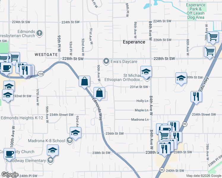 map of restaurants, bars, coffee shops, grocery stores, and more near 8807 231st Street Southwest in Edmonds