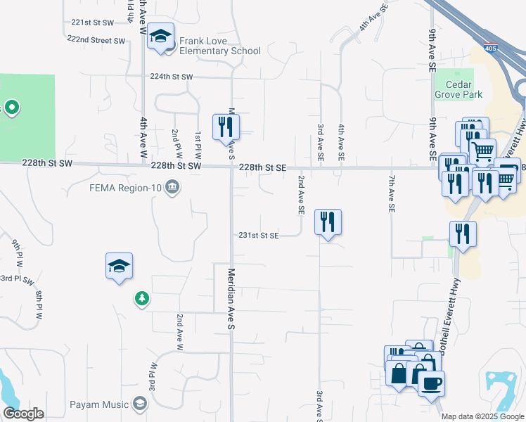 map of restaurants, bars, coffee shops, grocery stores, and more near 103 231st Street Southeast in Bothell
