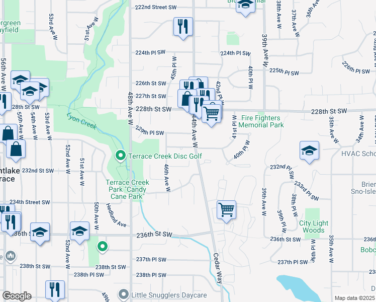 map of restaurants, bars, coffee shops, grocery stores, and more near 4404 230th Place Southwest in Mountlake Terrace