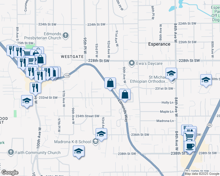 map of restaurants, bars, coffee shops, grocery stores, and more near 23014 Washington 104 in Edmonds